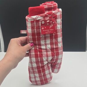 Holiday Style Kitchen Set 3pc Oven Mitt 2 Towels Red White Plaid Cotton NWT